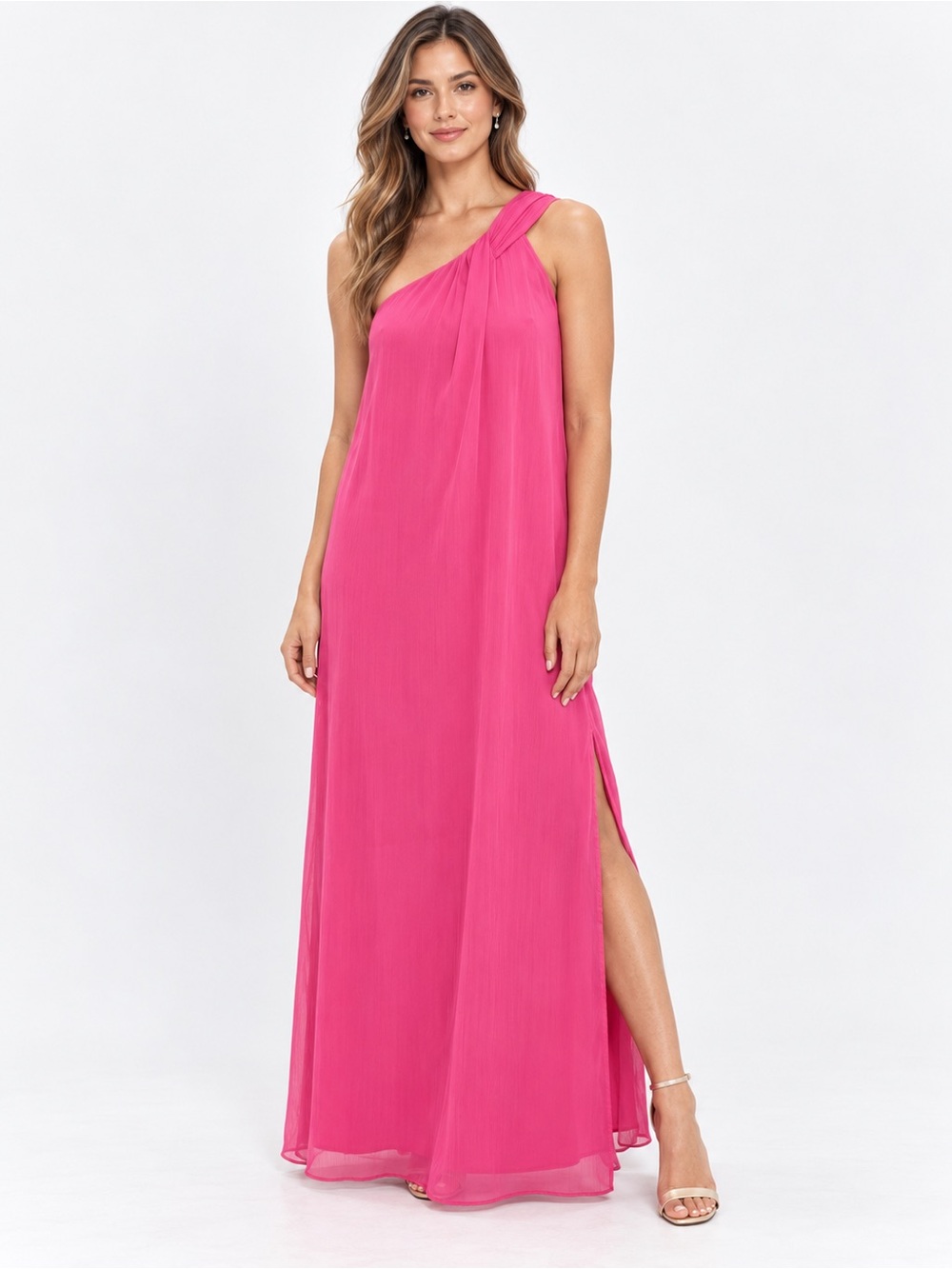 NWT Pomander Place Soleil Hot Pink One Shoulder Maxi Gown Dress M